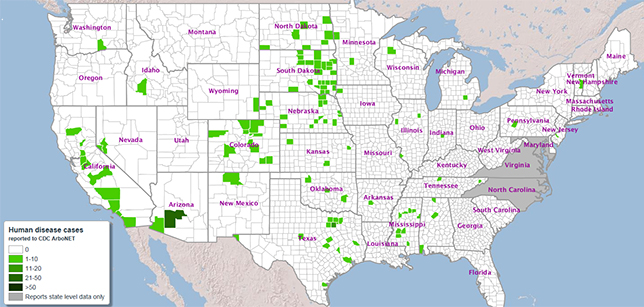 2016 Incidences of West Nile virus in the US 