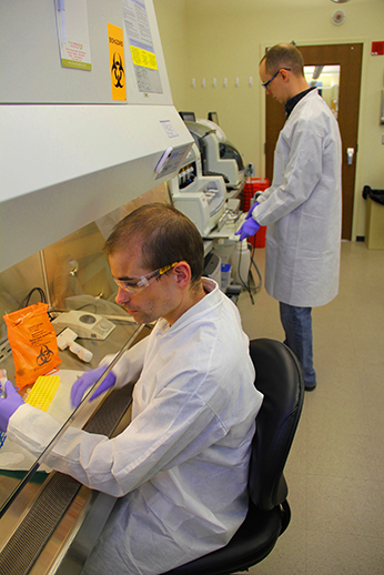 Clinical lab analysts Kris Eveland (foreground) and Erik Twait
prepare specimens for influenza testing. Lab analysis helps
identify prevalent strains of influenza circulating in Iowa.